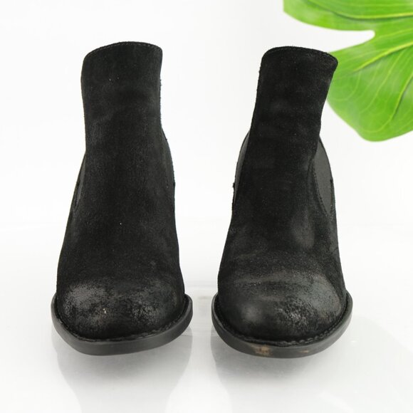 Born Womens Elaine Boot Size 8 Distressed Black Suede Chelsea Booties Block Heel - Picture 2 of 11